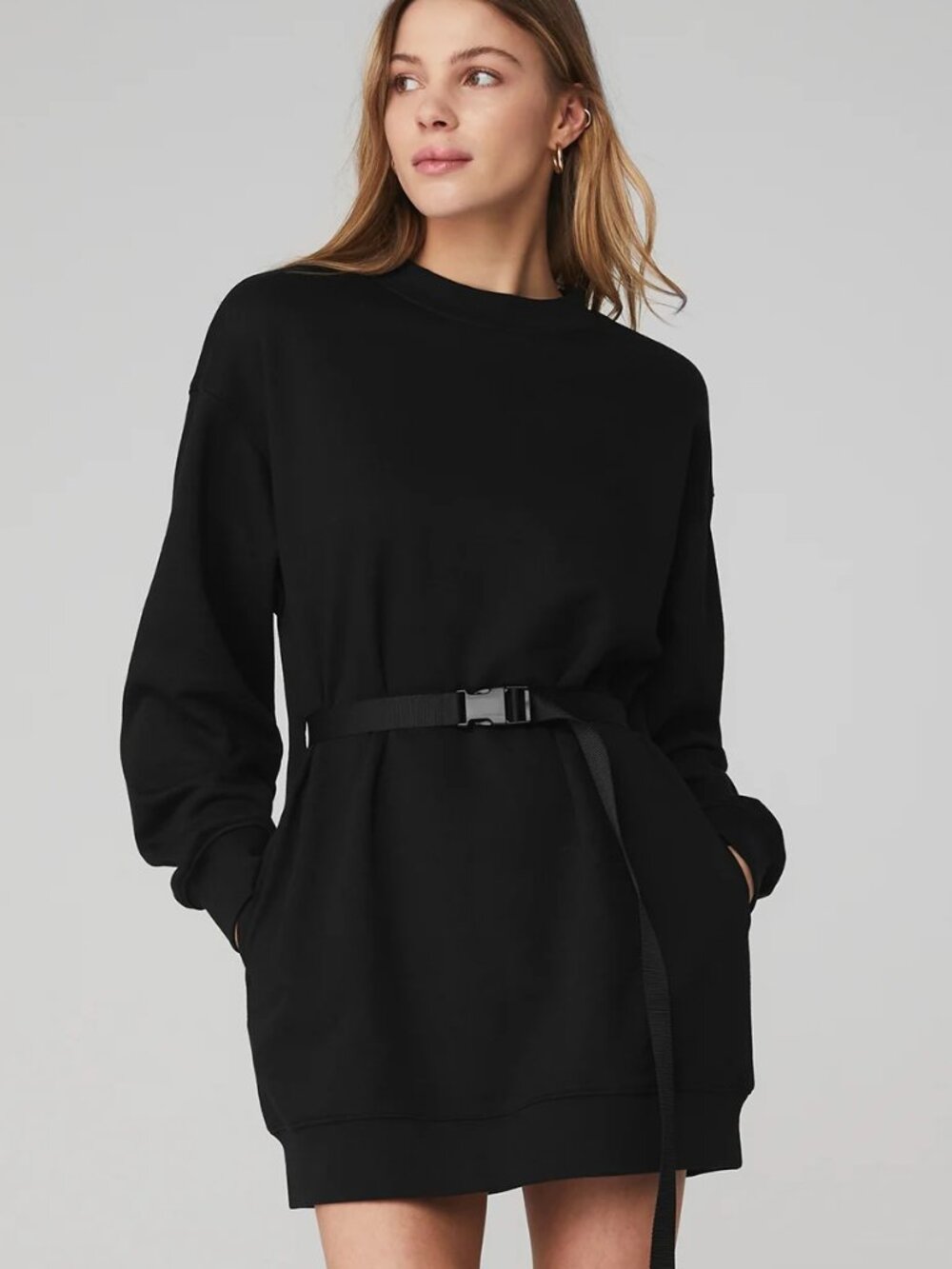 ALO Yoga Black Long Sleeve Belted Sweatshirt Dress